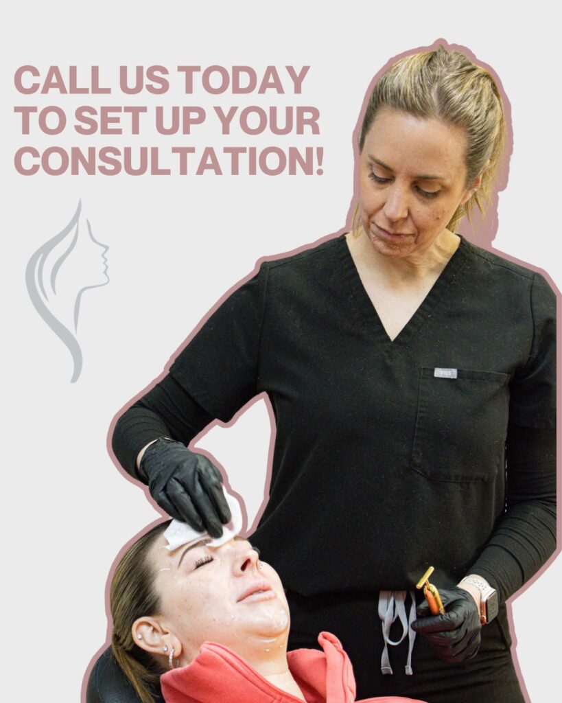 Call us today for your consultation, showing Angela cleaning a clients face to prepare for a skin rejuvenation treatment in our Sheboygan Wisconsin Med Spa