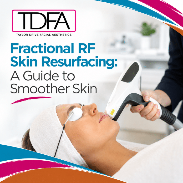 image is of a lady being lasered with the words Fractional RF Skin Resurfacing: A Guide to Smoother Skin. Also has the TDFA, Taylor Drive Facial Aesthetics logo in the corner